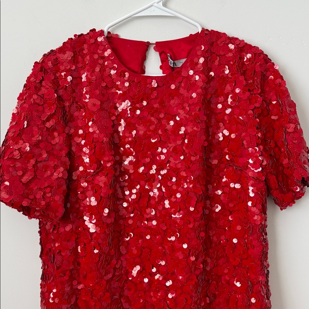Zara Red Fully Sequined Mini Dress Size: L - Picture 4 of 9
